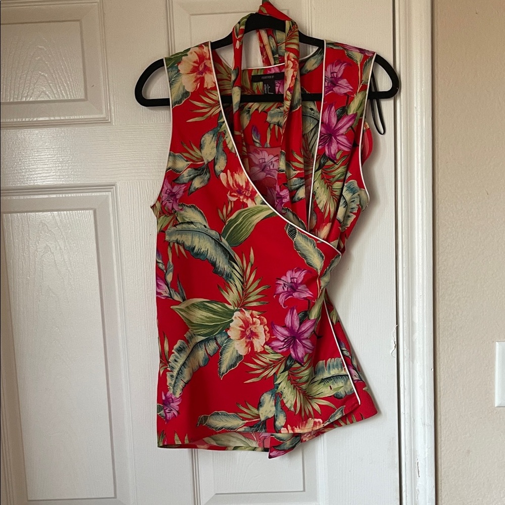 Forever 21 Floral Red Sleeveless Wrap Top